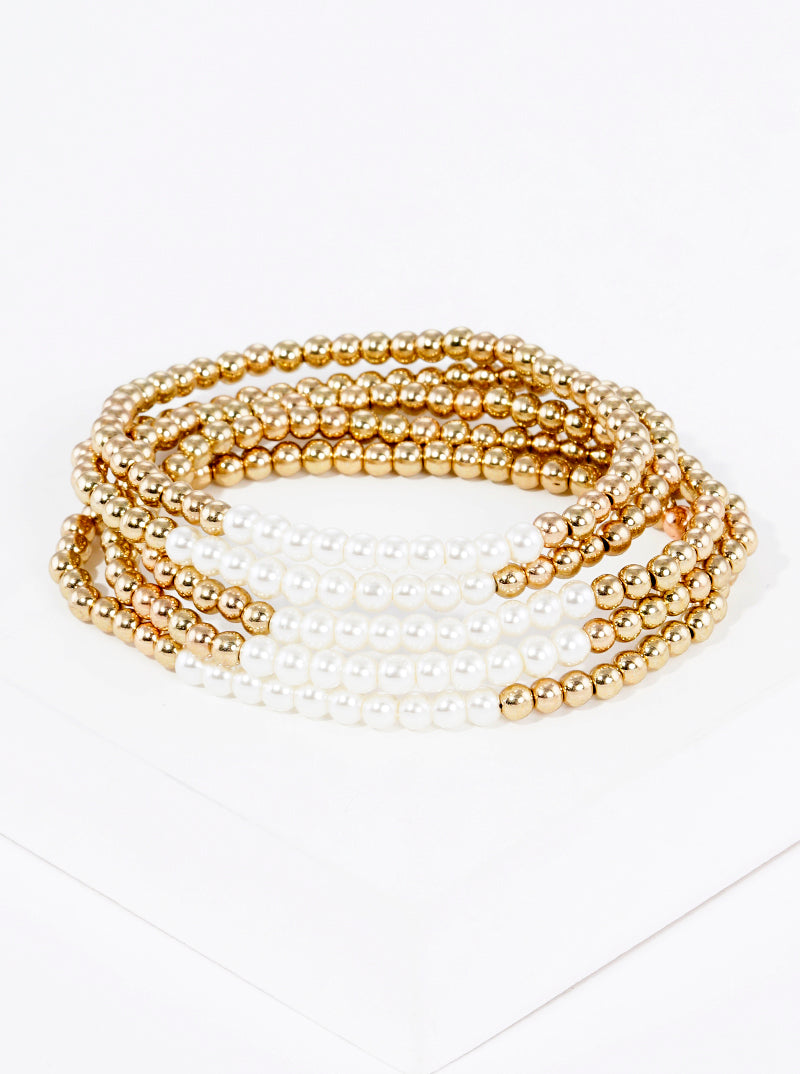 Set Of 5 Glass Pearl Metallic Bead Stretch Stackable Bracelet