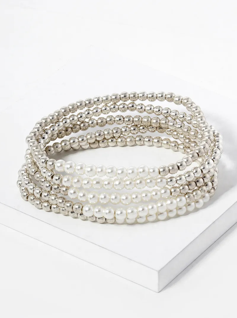 Set Of 5 Glass Pearl Metallic Bead Stretch Stackable Bracelet