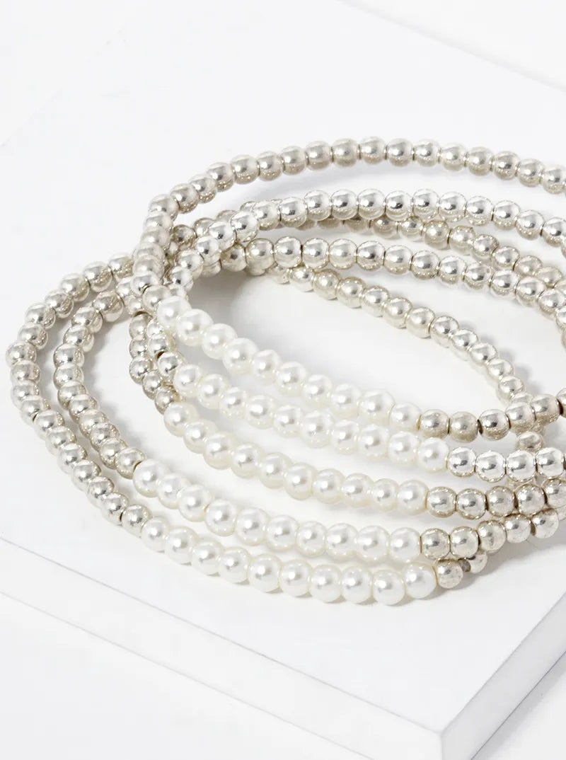 Set Of 5 Glass Pearl Metallic Bead Stretch Stackable Bracelet