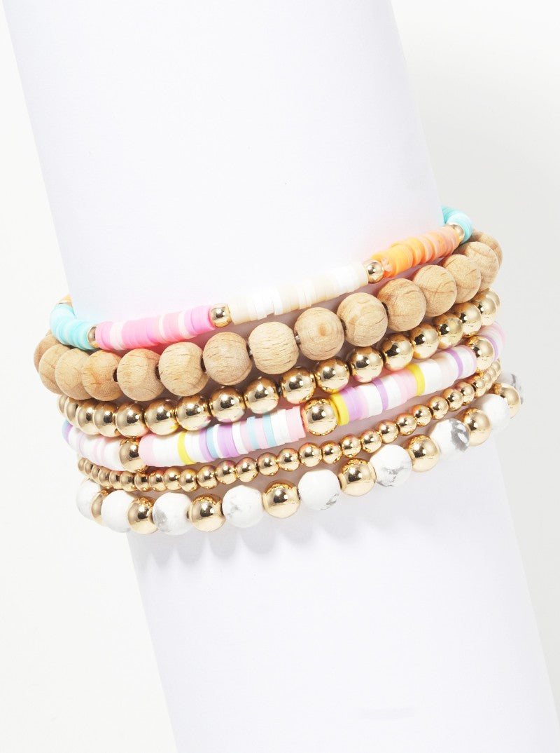 Set Of 6 Multi Bead Stackable Stretch Bracelet