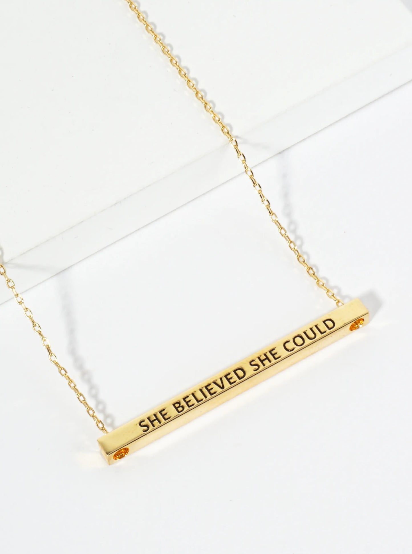 She Believed She Could Engraved 18K Gold Dipped Horizontal Brass Bar Pendant Inspirational Necklace