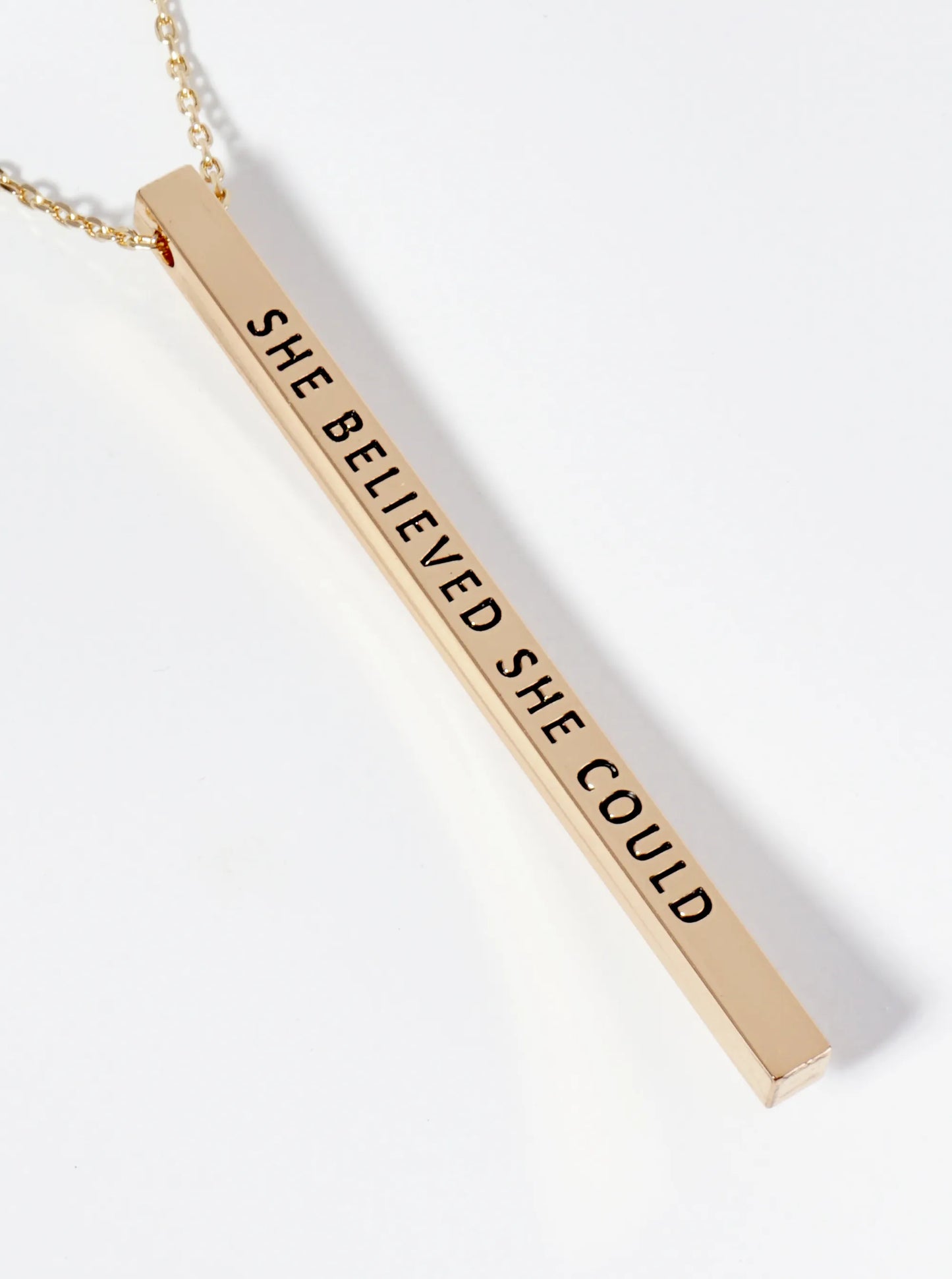 She Believed She Could Engraved Vertical Bar Pendant Inspirational Necklace