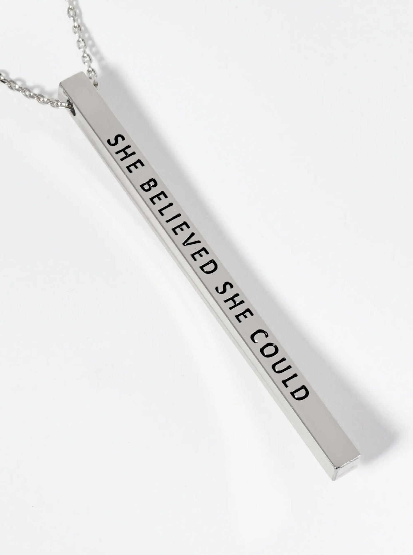 She Believed She Could Engraved Vertical Bar Pendant Inspirational Necklace