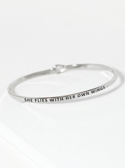 She Flies With Her Own Wings Engraved Inspirational Bangle Bracelet