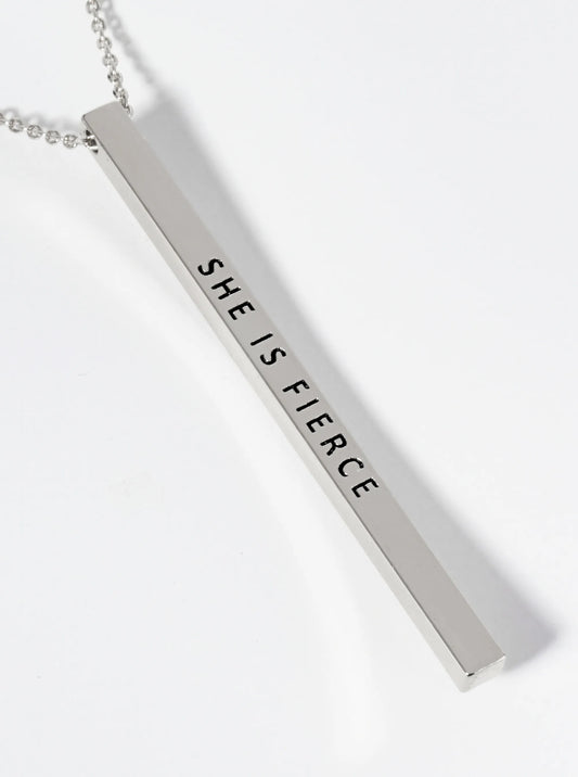 She Is Fierce Engraved Vertical Bar Pendant Inspirational Necklace