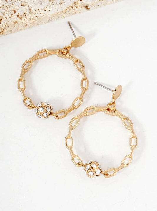 Simulated Chain Circle Drop With Crystal Embedded Ball Stone Dangle Earrings