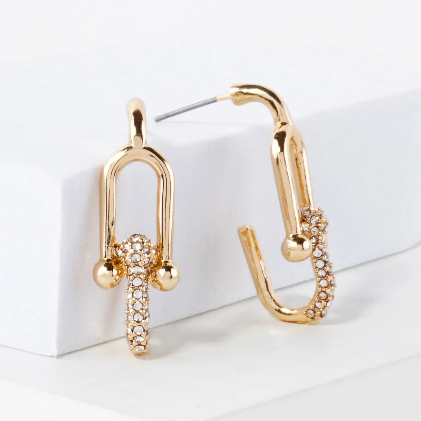 Simulated Horseshoe Chain Drop Earrings With Crystal