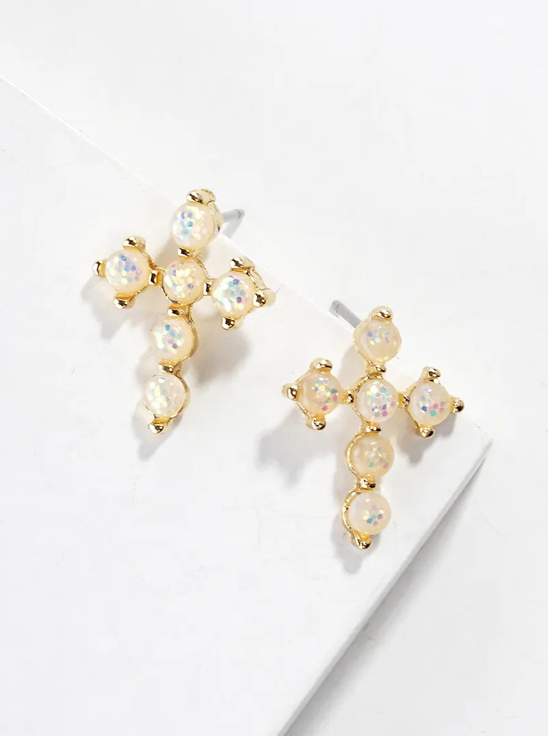 Simulated Opal Cross Post Stud Earrings