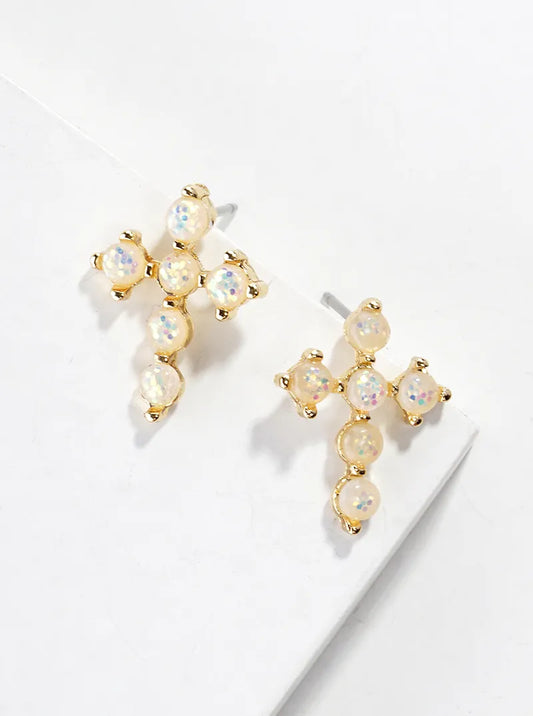 Simulated Opal Cross Post Stud Earrings