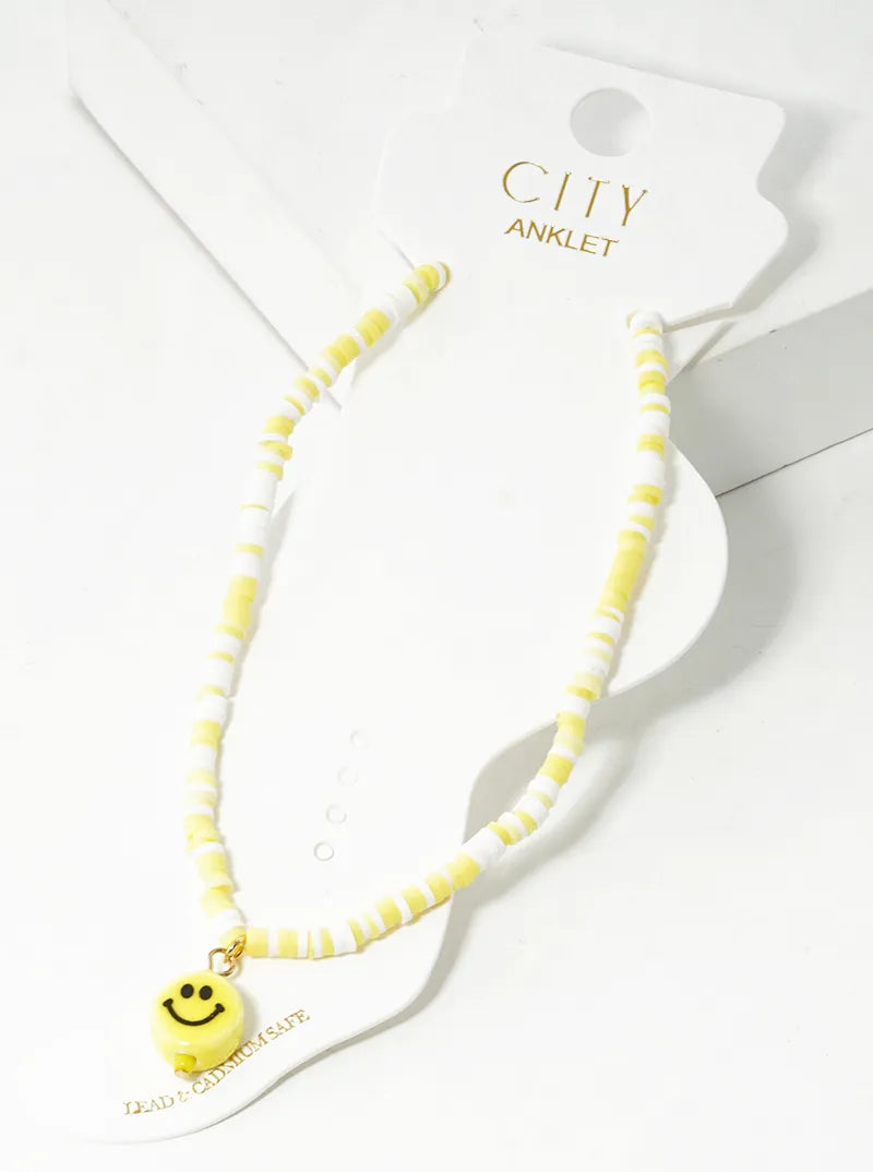 Smiley Face Charm Clay Beaded Anklet
