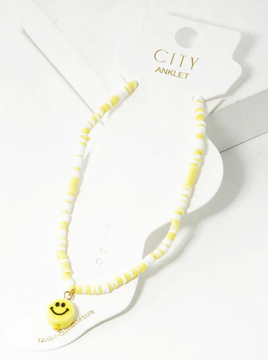 Smiley Face Charm Clay Beaded Anklet