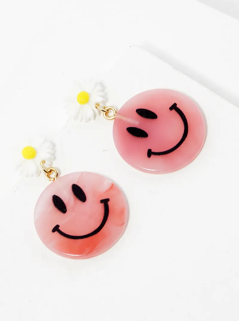 Smiley Face Drop Flower Post Dangle Earrings