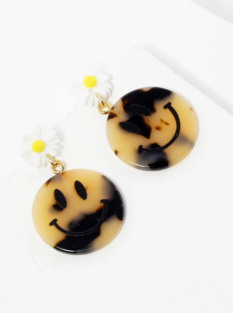 Smiley Face Drop Flower Post Dangle Earrings