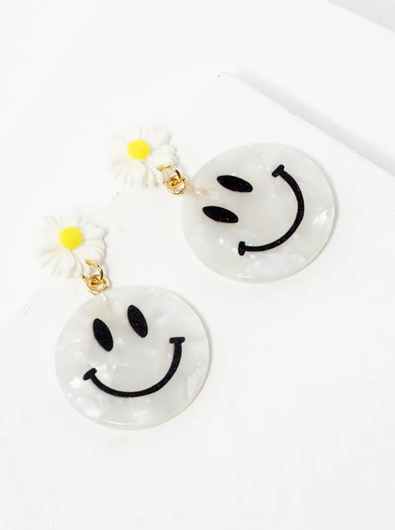 Smiley Face Drop Flower Post Dangle Earrings