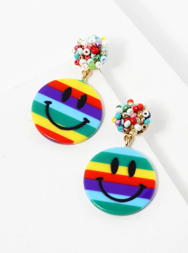 Smiley Face Drop Seed Beaded Post Dangle Earrings