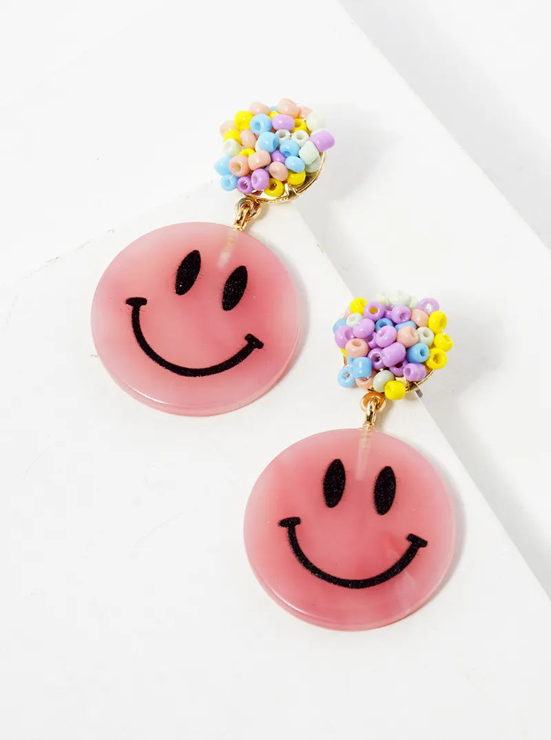Smiley Face Drop Seed Beaded Post Dangle Earrings