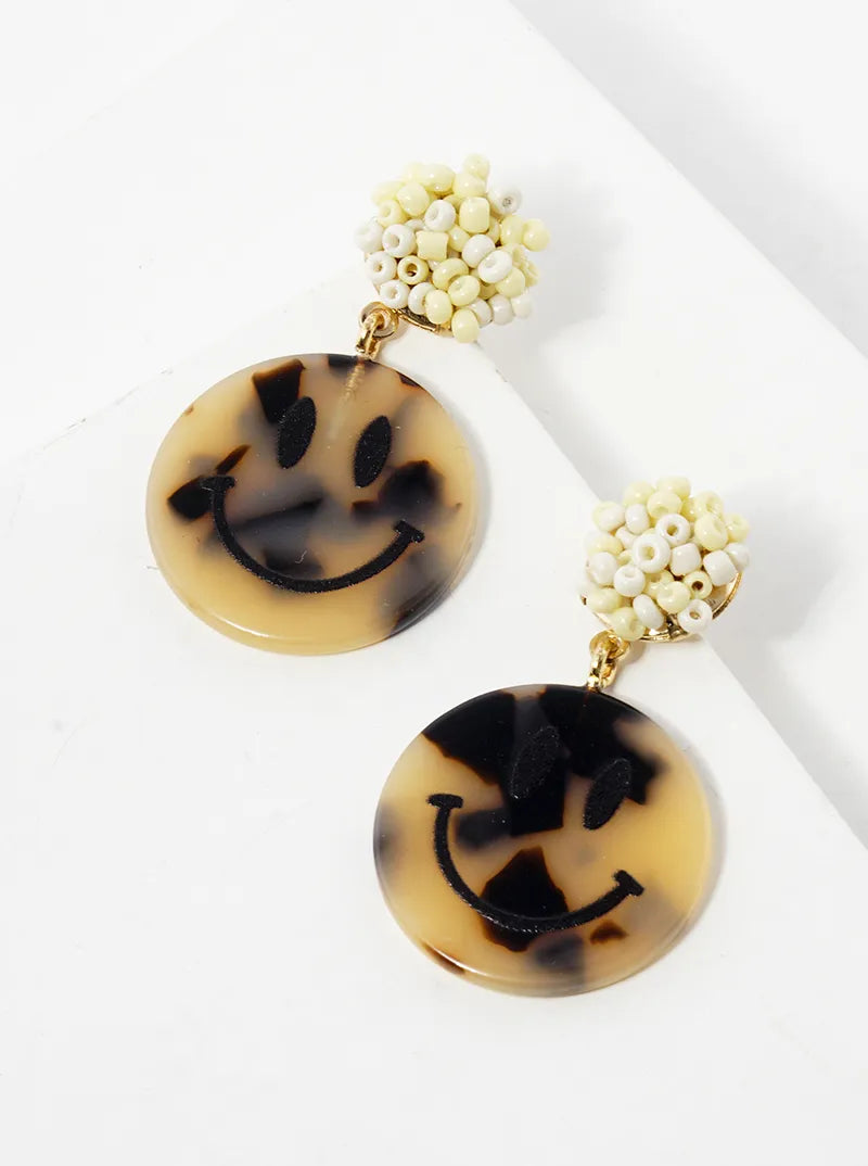 Smiley Face Drop Seed Beaded Post Dangle Earrings