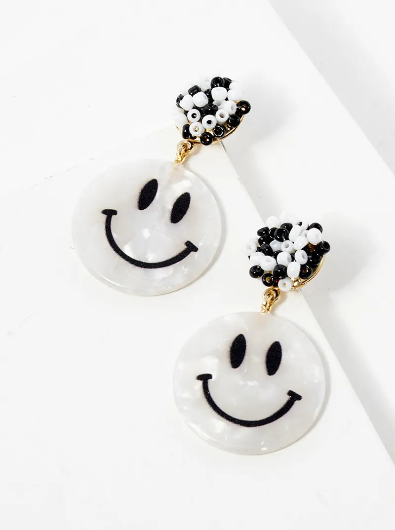 Smiley Face Drop Seed Beaded Post Dangle Earrings