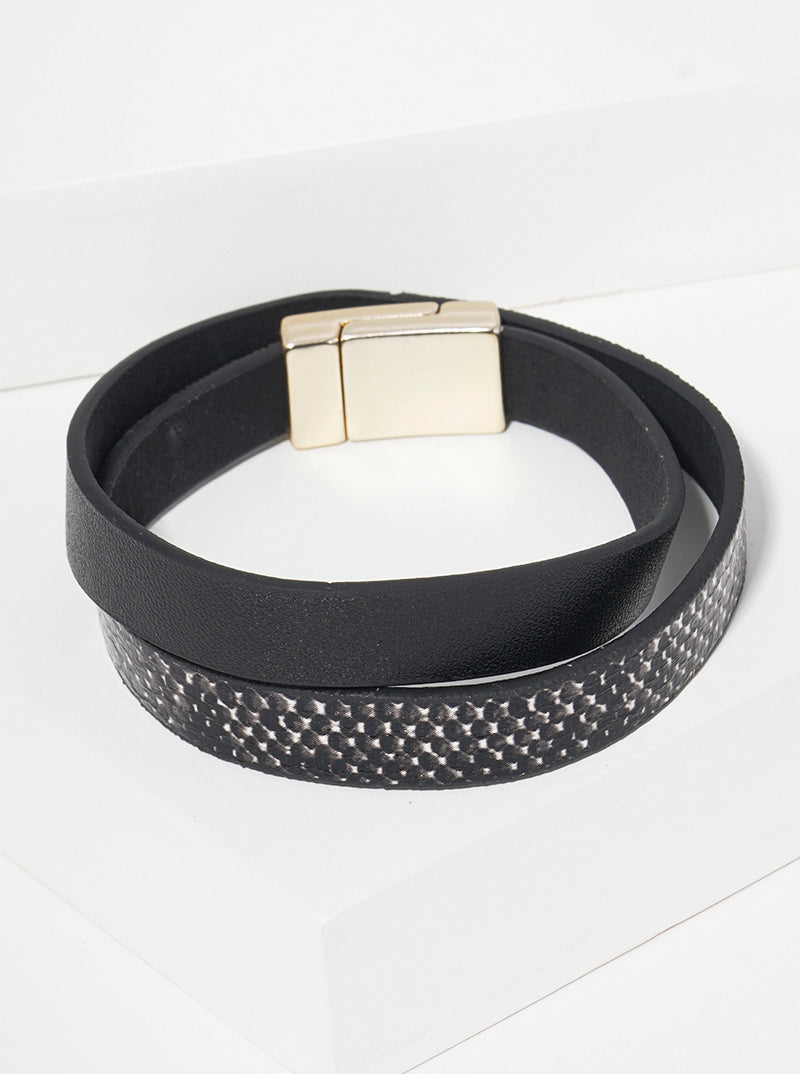 Snake Skin Animal Print Leatherette Wrap Around Braceclet With Magnetic Closure