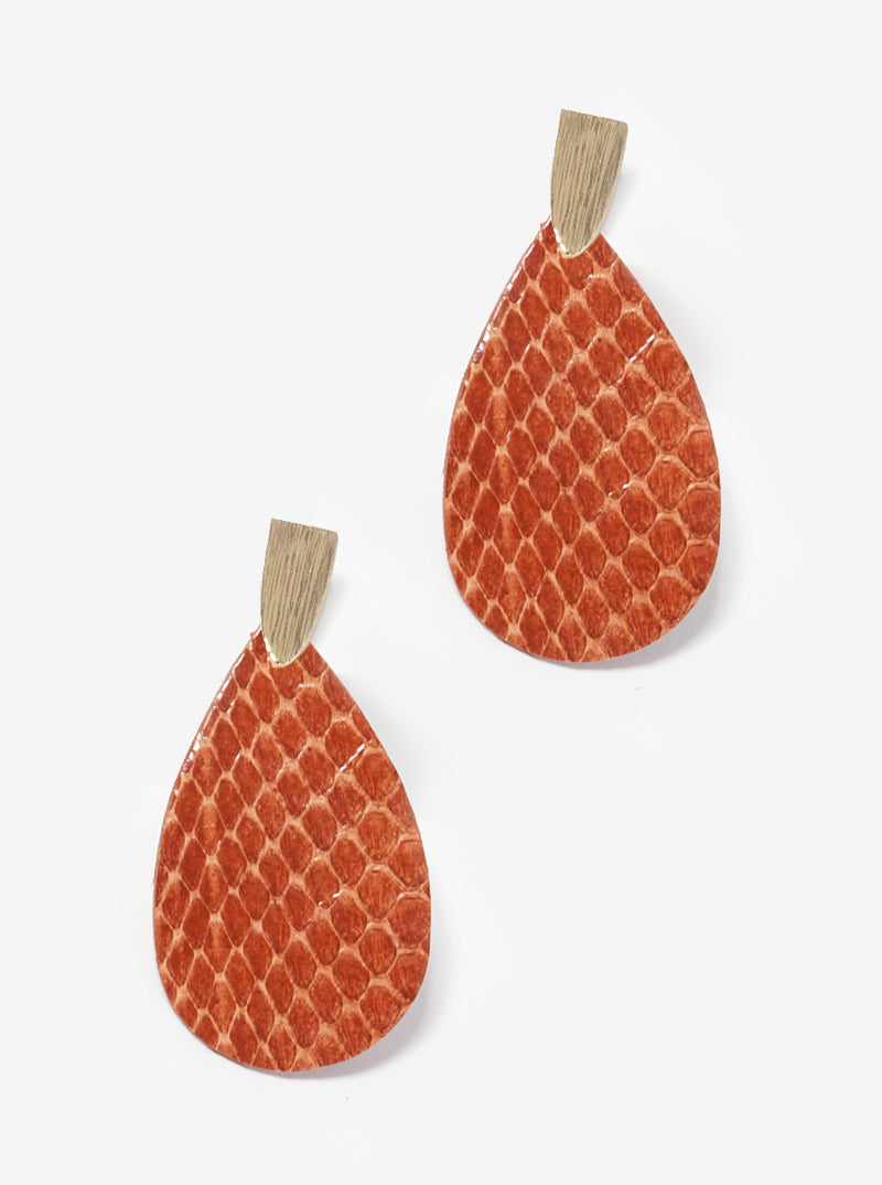 Snake Skin Print Leatherette Teardrop Post Drop Earrings