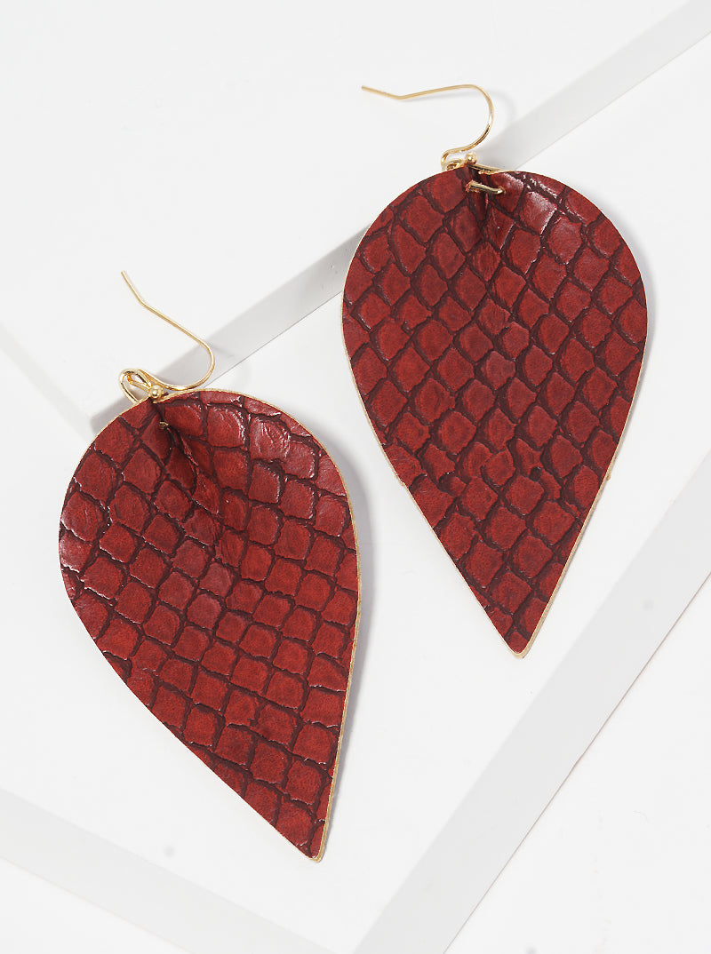 Snake Skin Printed Leaf Shaped Leatherette Fish Hook Dangle Drop Earrings