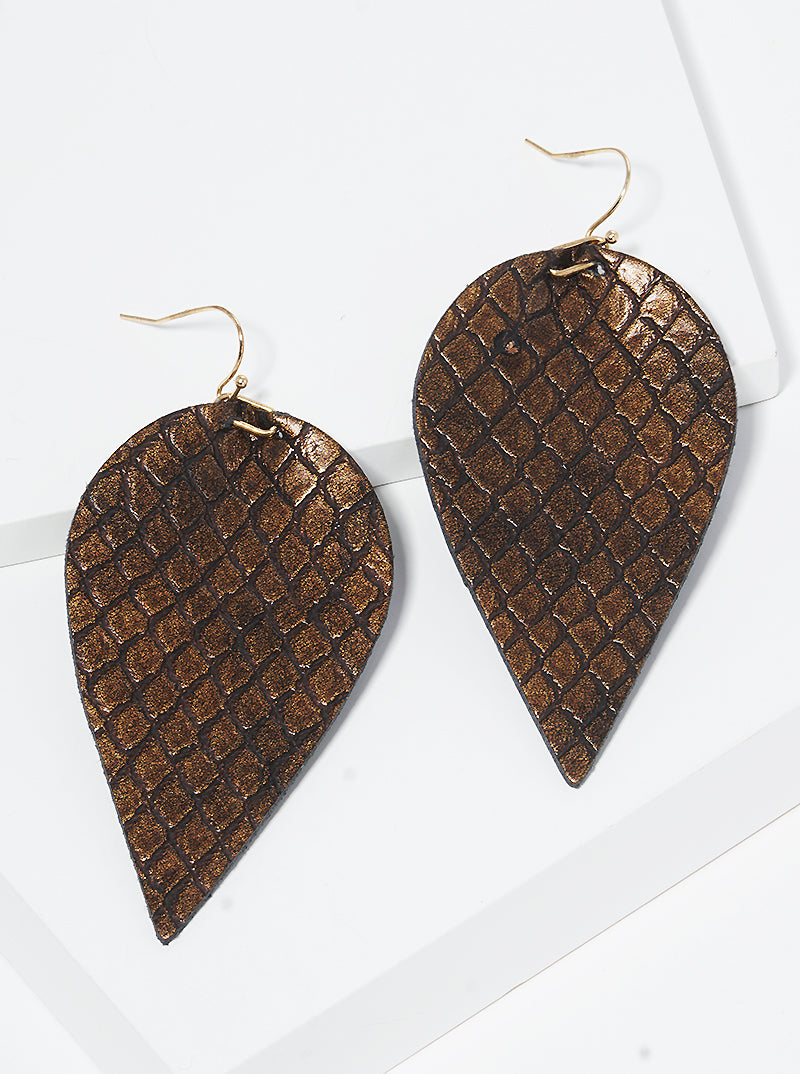 Snake Skin Printed Leaf Shaped Leatherette Fish Hook Dangle Drop Earrings