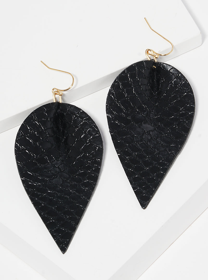 Snake Skin Printed Leaf Shaped Leatherette Fish Hook Dangle Drop Earrings