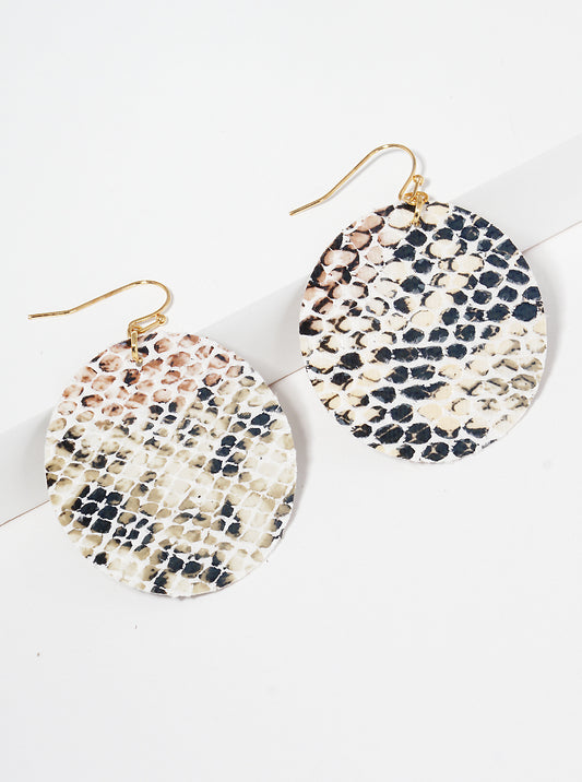 Snake Skin Printed Round Leatherette Lightweight Fish Hook Dangle Drop Earrings