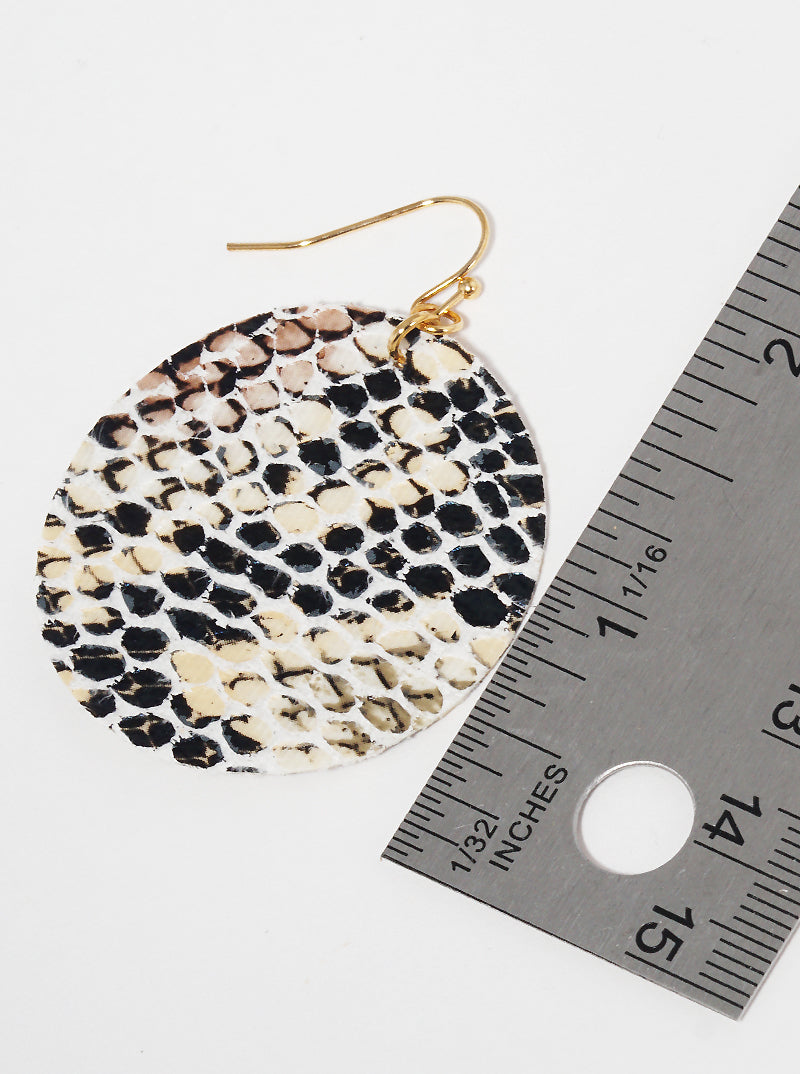 Snake Skin Printed Round Leatherette Lightweight Fish Hook Dangle Drop Earrings