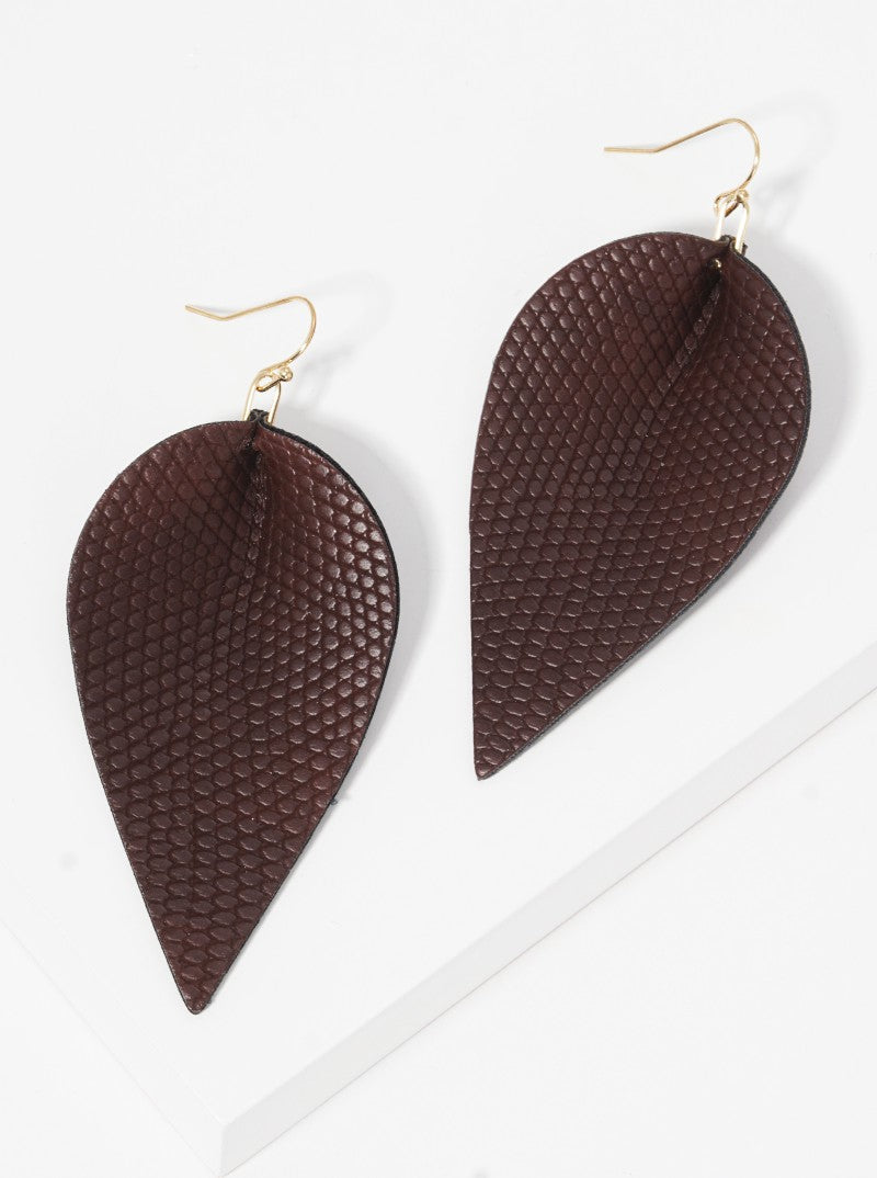 Snake Skin Print Leatherette Leaf Shape Dangle Drop Earrings