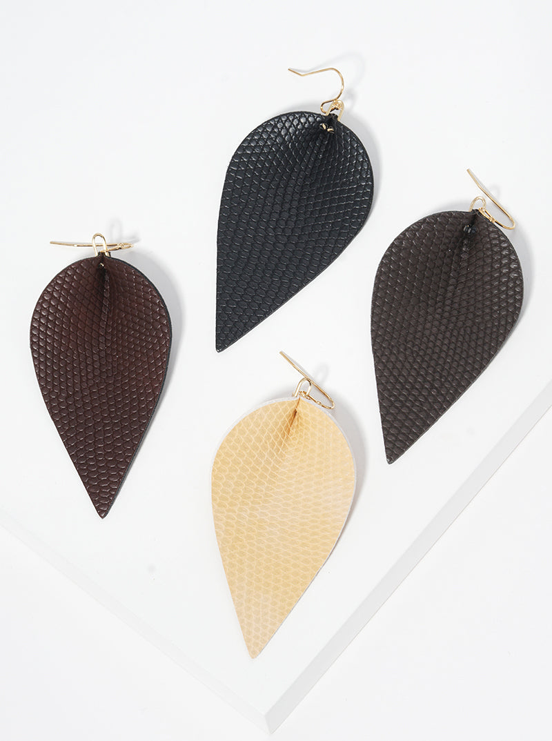 Snake Skin Print Leatherette Leaf Shape Dangle Drop Earrings