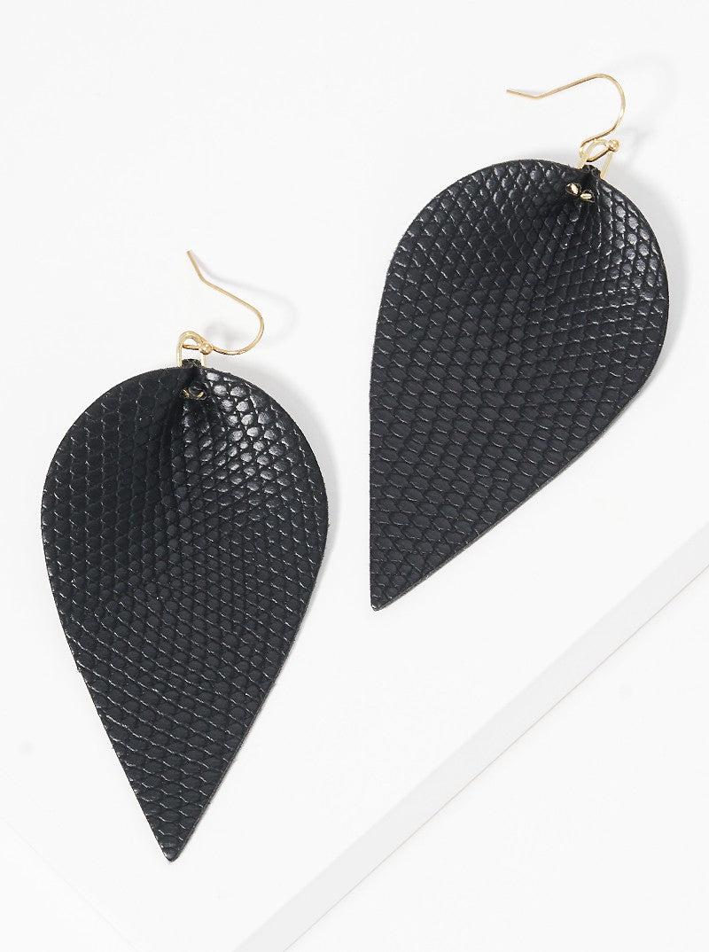 Snake Skin Print Leatherette Leaf Shape Dangle Drop Earrings