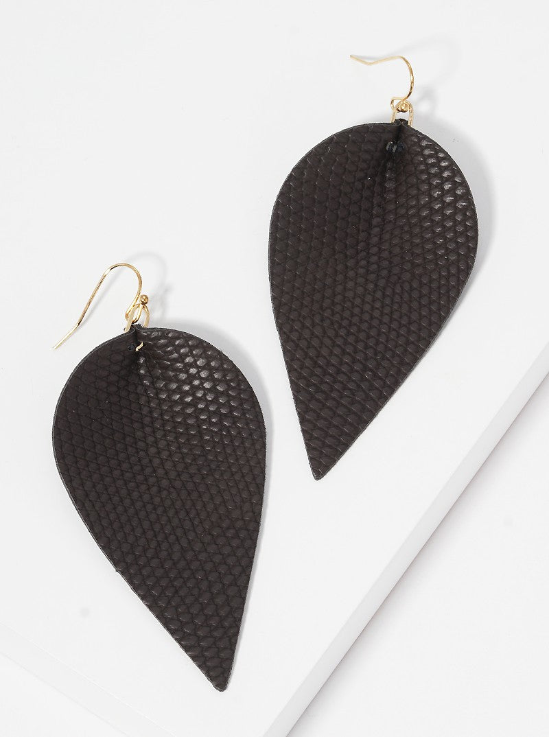 Snake Skin Print Leatherette Leaf Shape Dangle Drop Earrings