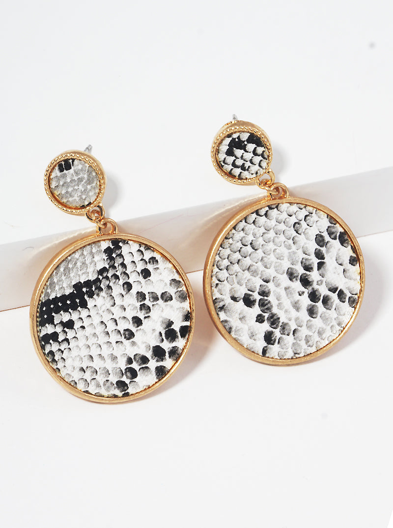 Snake Skin Printed Leatherette Double Round Post Drop Earrings