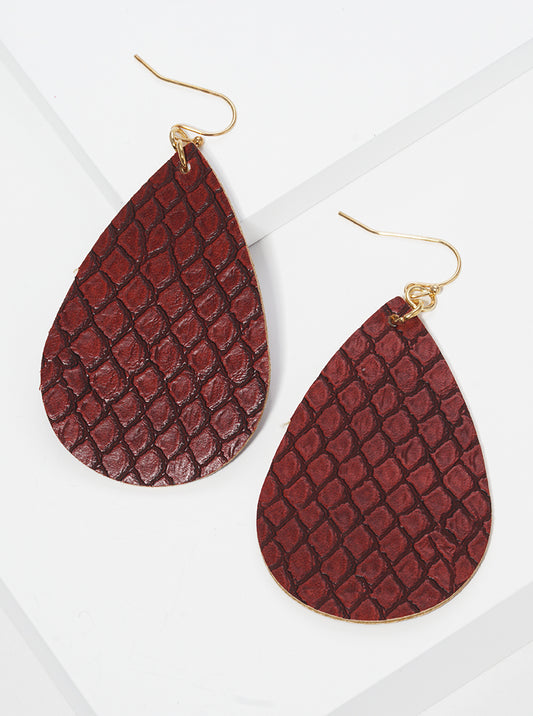 Snake Skin Printed Teardrop Leatherette Fishhook Dangle Drop Earrings