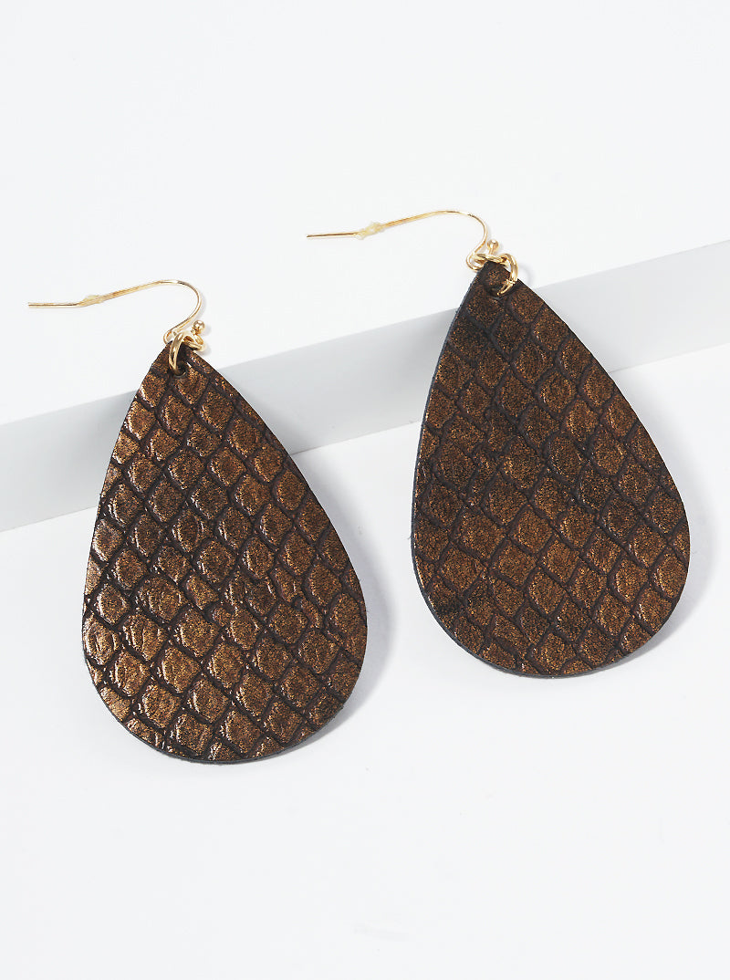 Snake Skin Printed Teardrop Leatherette Fishhook Dangle Drop Earrings