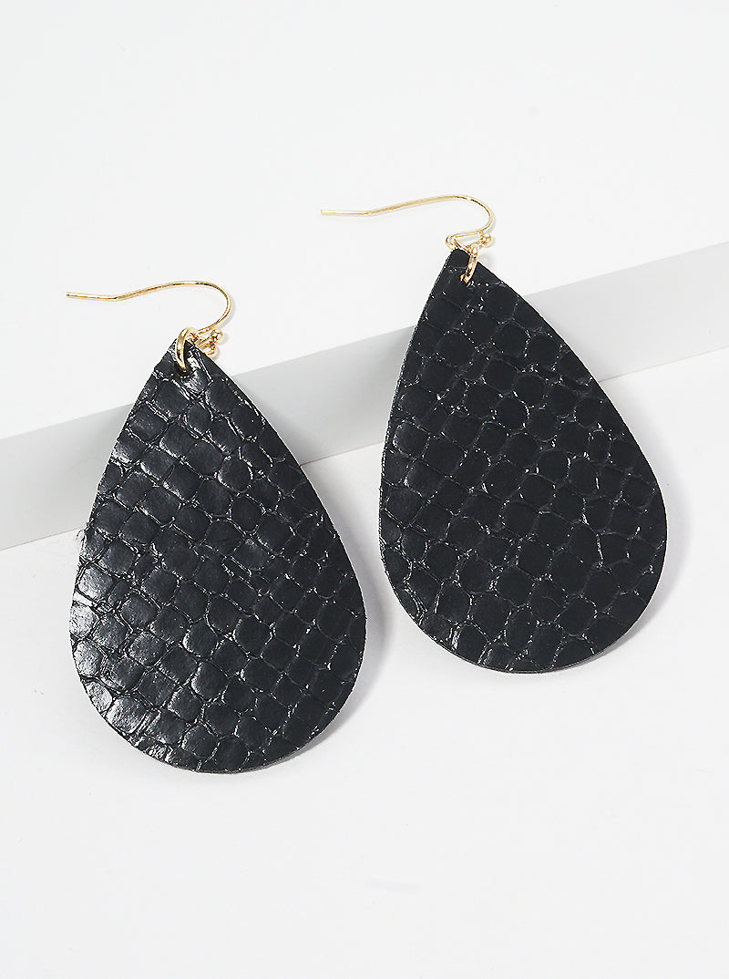 Snake Skin Printed Teardrop Leatherette Fishhook Dangle Drop Earrings