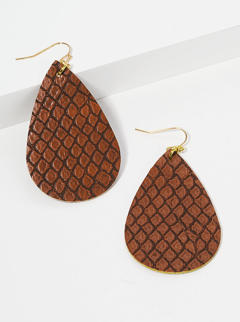 Snake Skin Printed Teardrop Leatherette Fishhook Dangle Drop Earrings