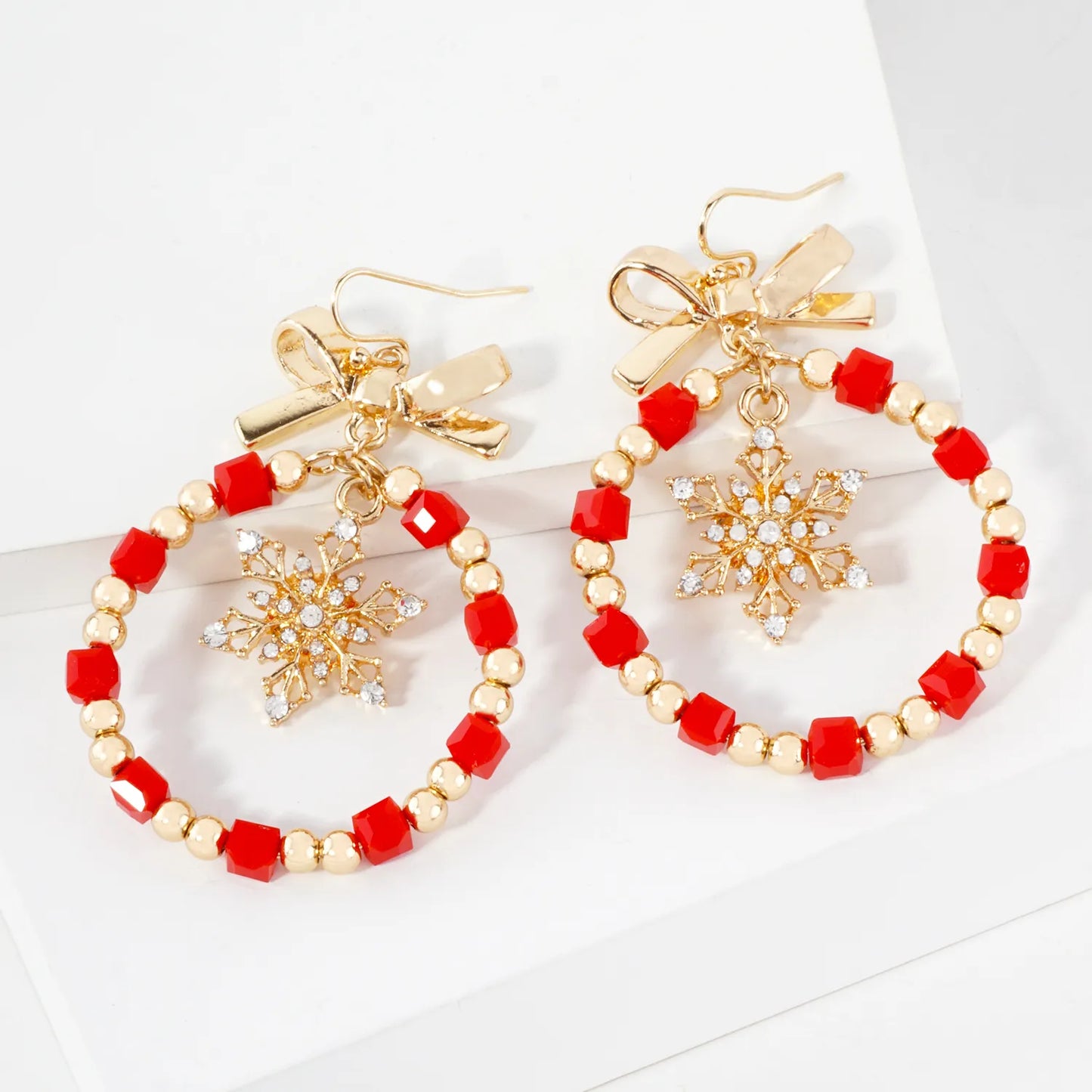 Snowflake Circle Drop Bow Christmas Wreath Earrings
