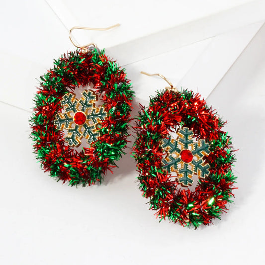 Snowflake Oval Christmas Wreath Statement Earrings