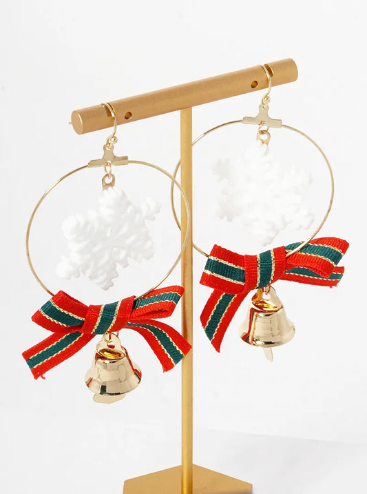 Snowflake Ribbon Bow And Jingle Bell Christmas Earrings