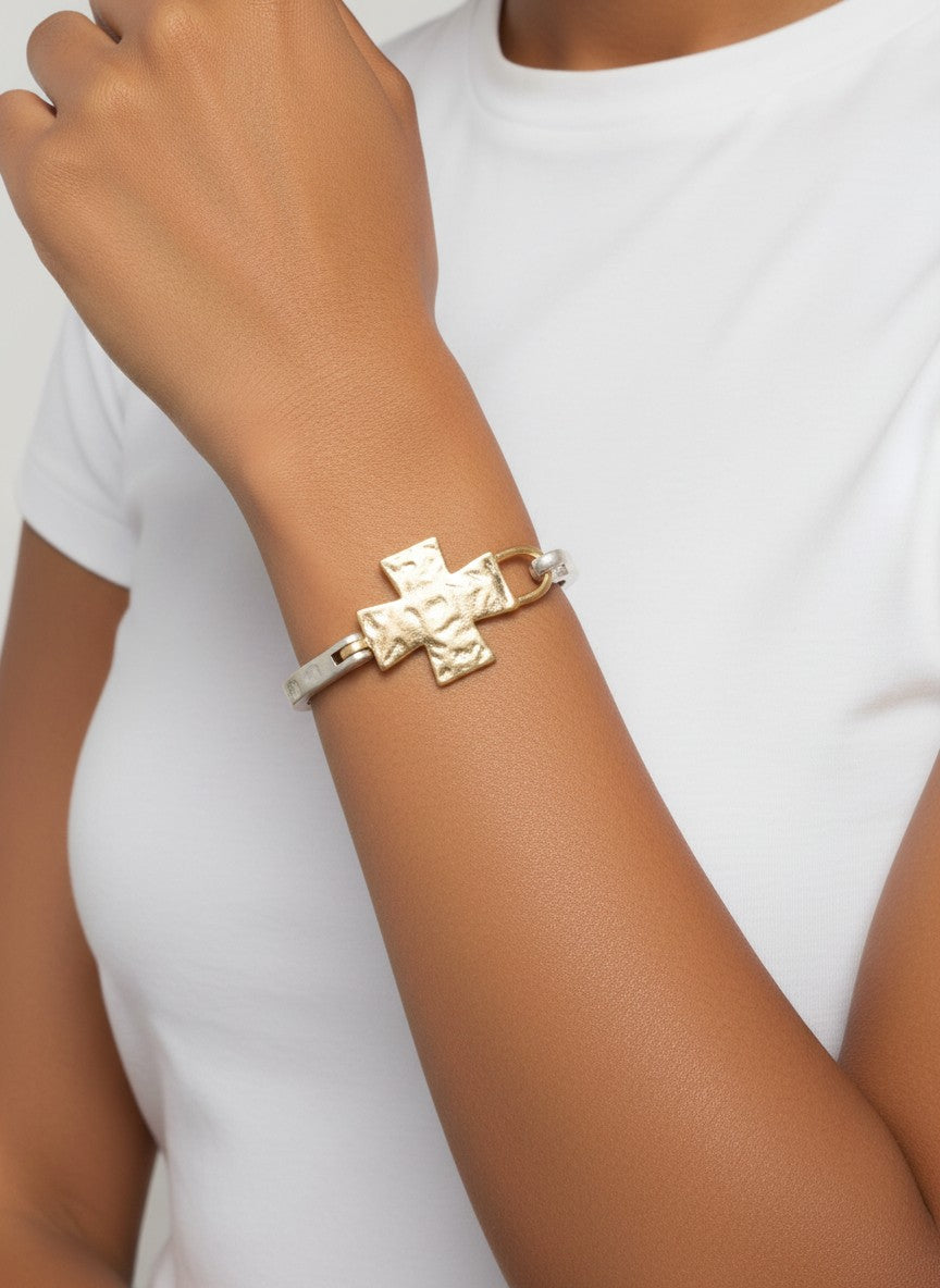 Solid Cross Hammered Bangle Cuff Bracelet
