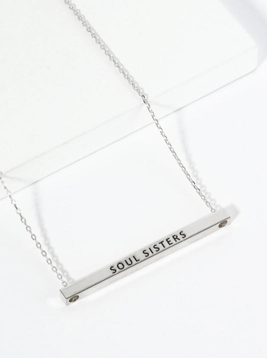 Soul Sisters Engraved 18K Gold Dipped Horizontal Brass Bar Pendant Inspirational Necklace
