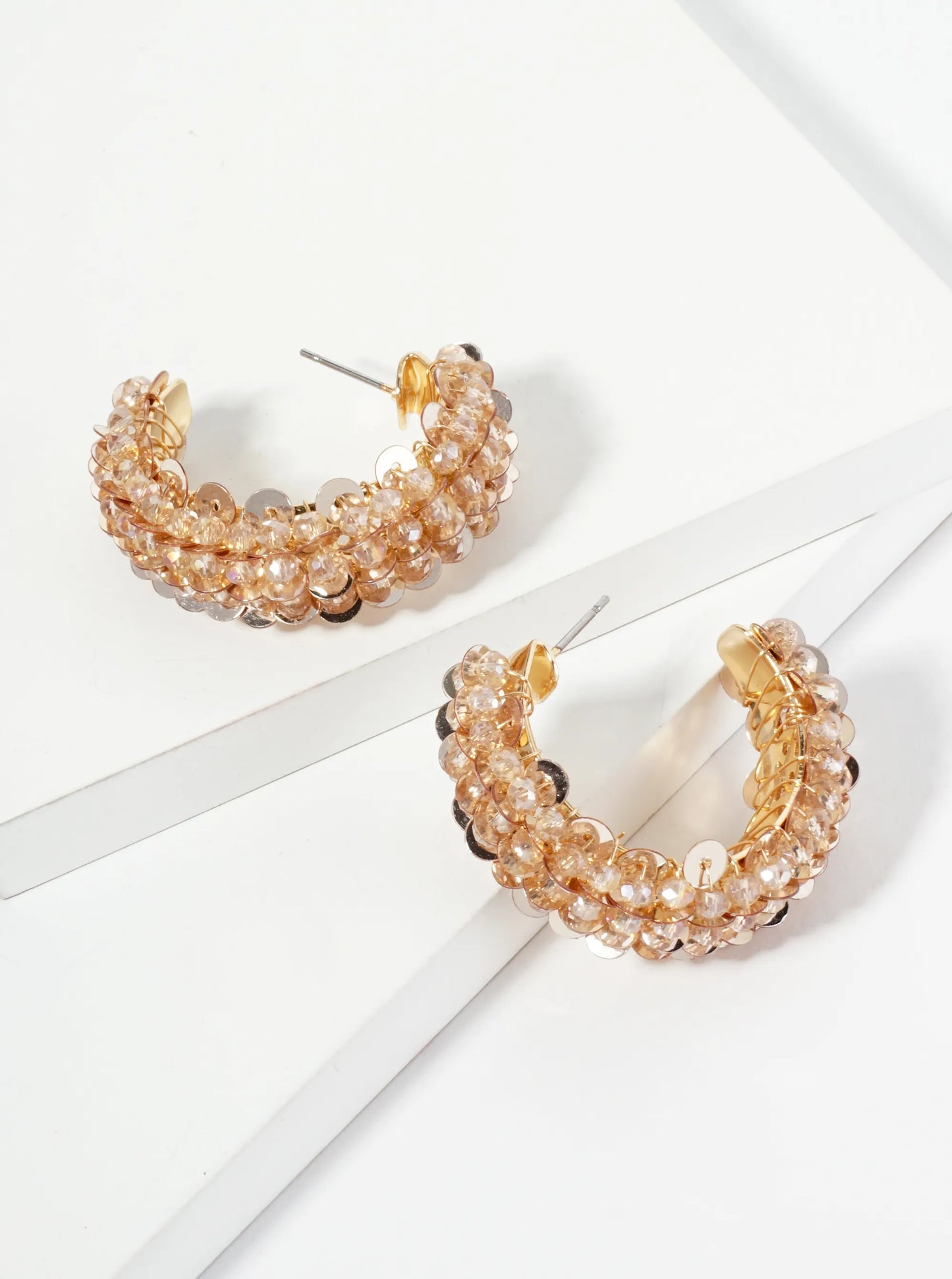 Spangle And Glass Beaded 30mm Wide Hoop Earrings