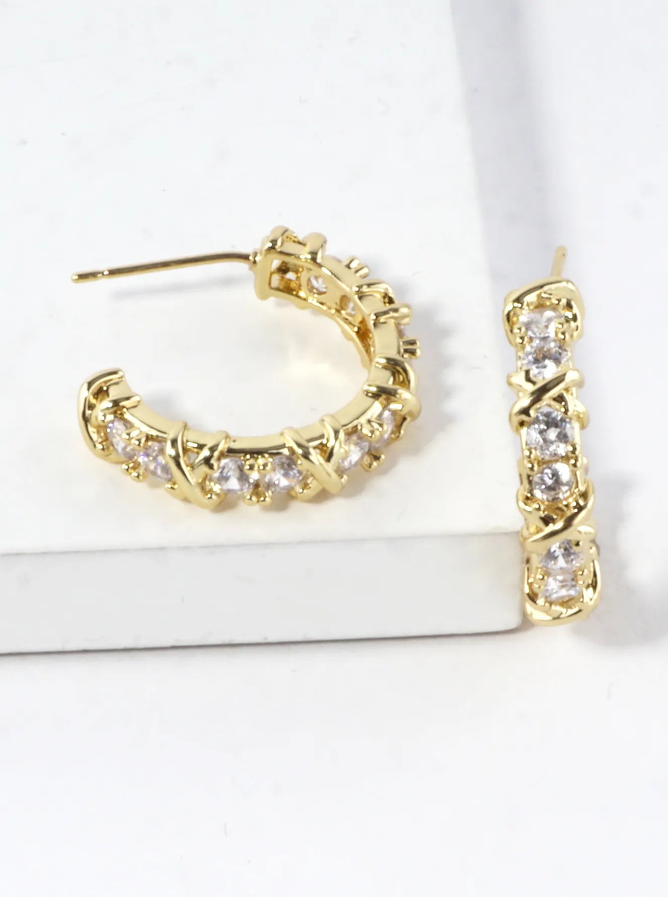 Sparkling CZ Criss Cross Brass Hoop Earring