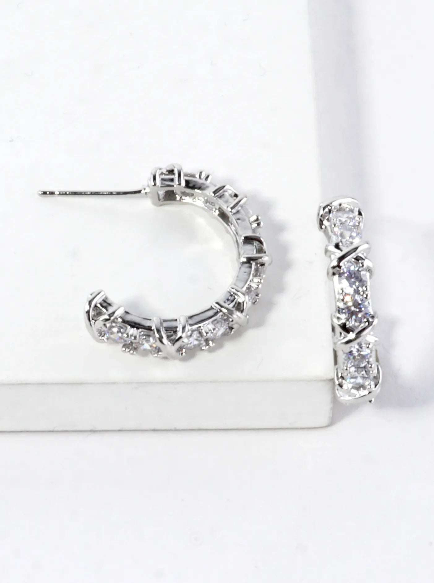 Sparkling CZ Criss Cross Brass Hoop Earring