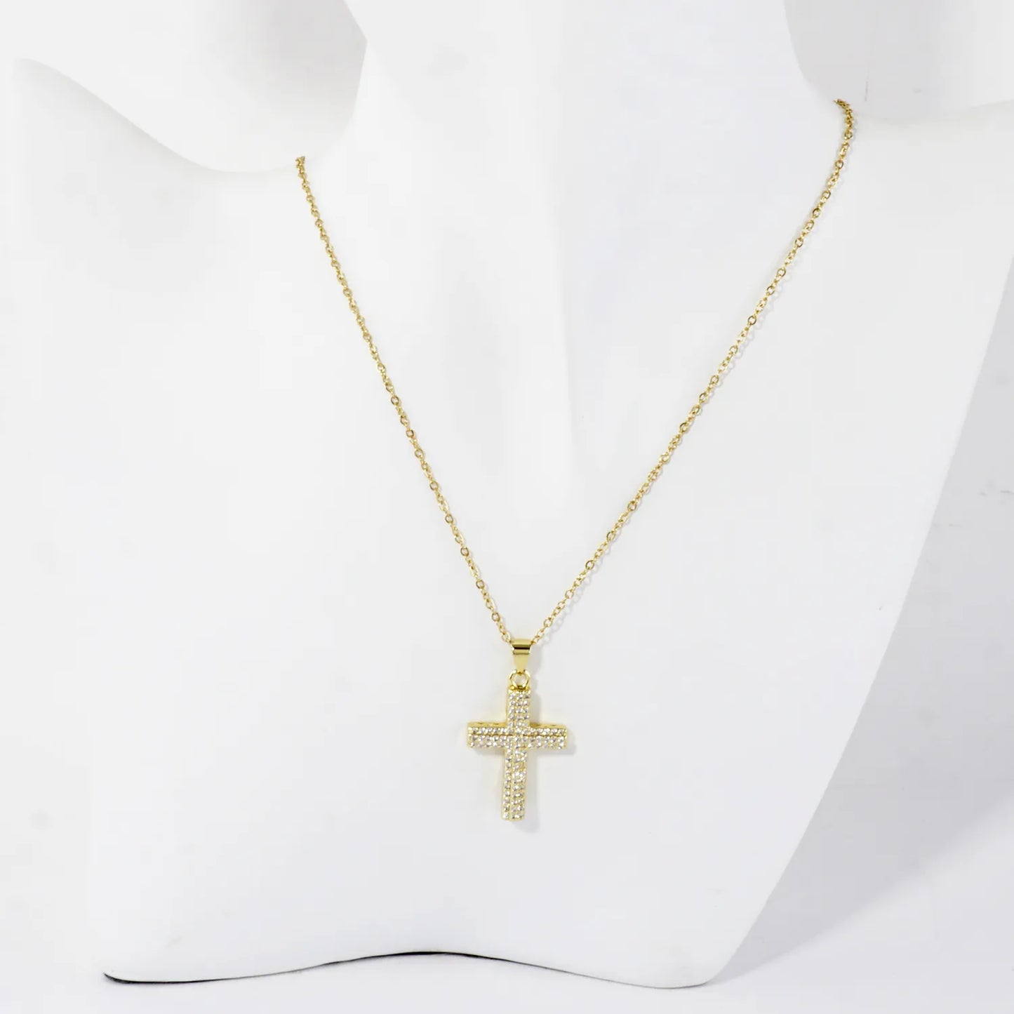 Sparkling CZ Pave Cross Pendant Stainless Necklace