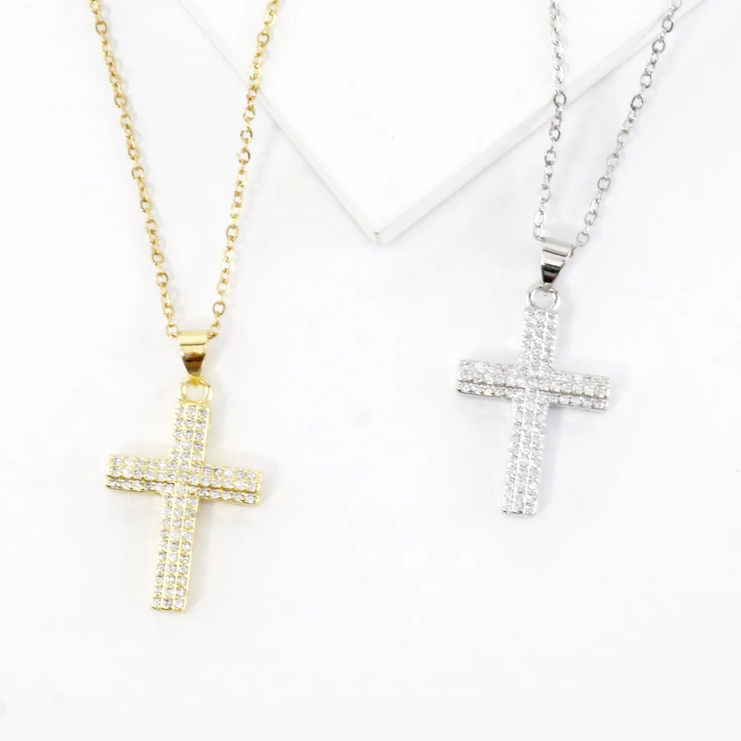 Sparkling CZ Pave Cross Pendant Stainless Necklace
