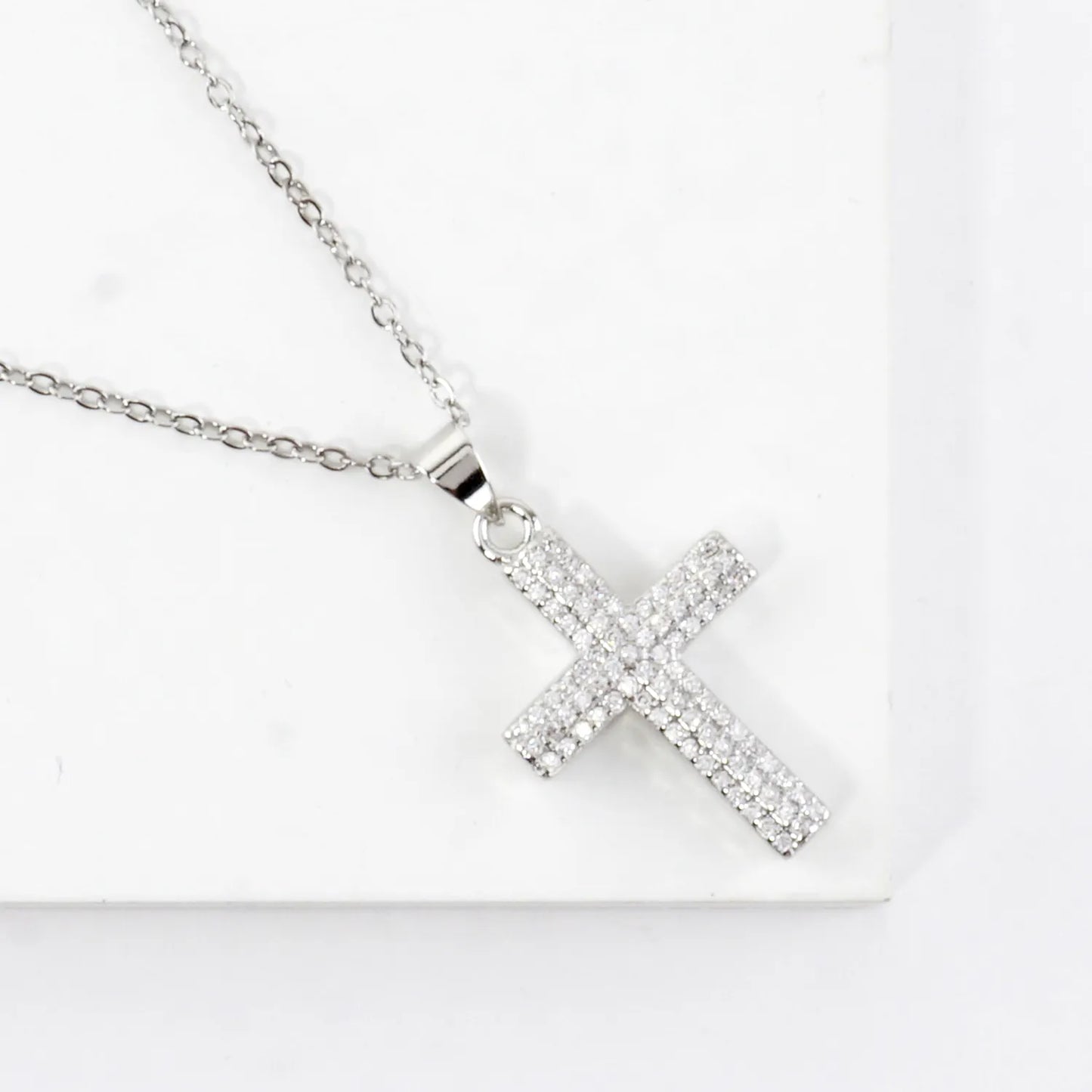Sparkling CZ Pave Cross Pendant Stainless Necklace