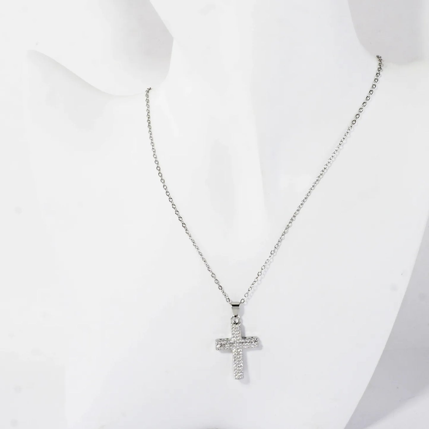 Sparkling CZ Pave Cross Pendant Stainless Necklace